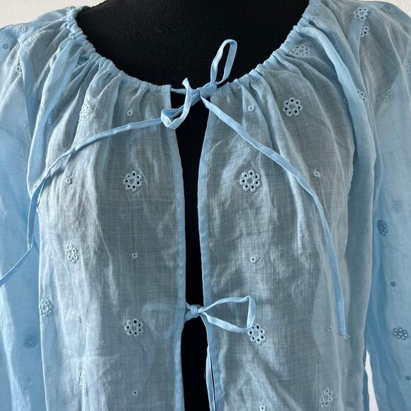 J Crew Tie Front Eyelet Top In Ramie XS Sheer Blue Preppy Flaws - Picture 6 of 15